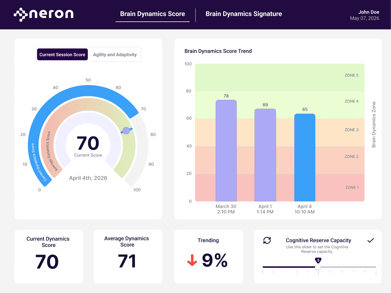 NERON Brain Dynamics score dashboard