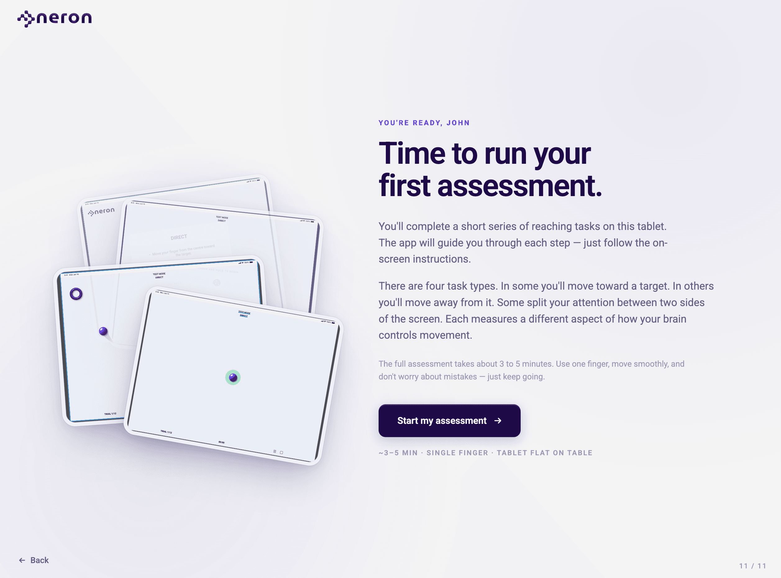 Final NERON wizard screen leading into the first assessment