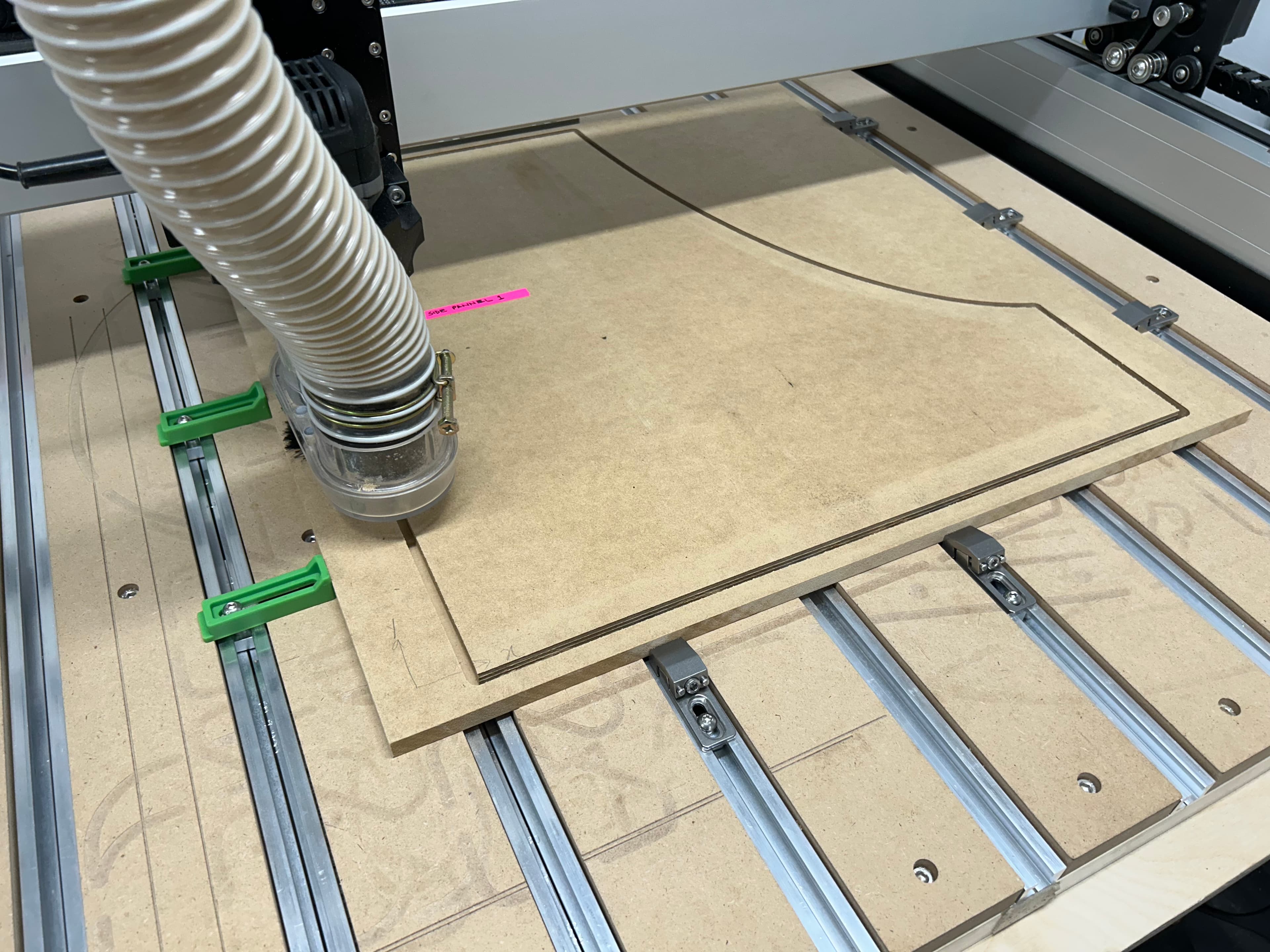 CNC machining the cabinet panels from half-inch MDF