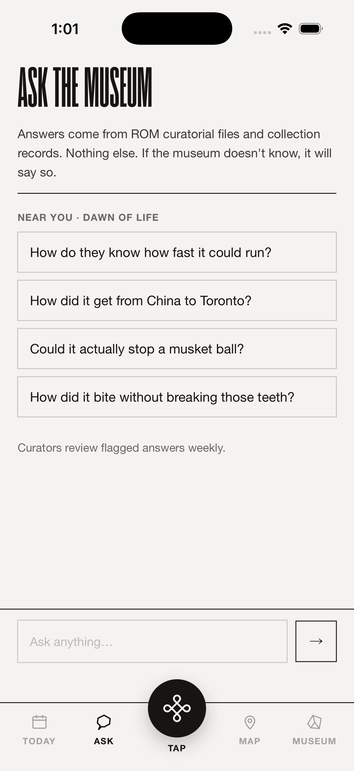 Ask the museum home screen, with gallery-aware suggested questions about the T. rex