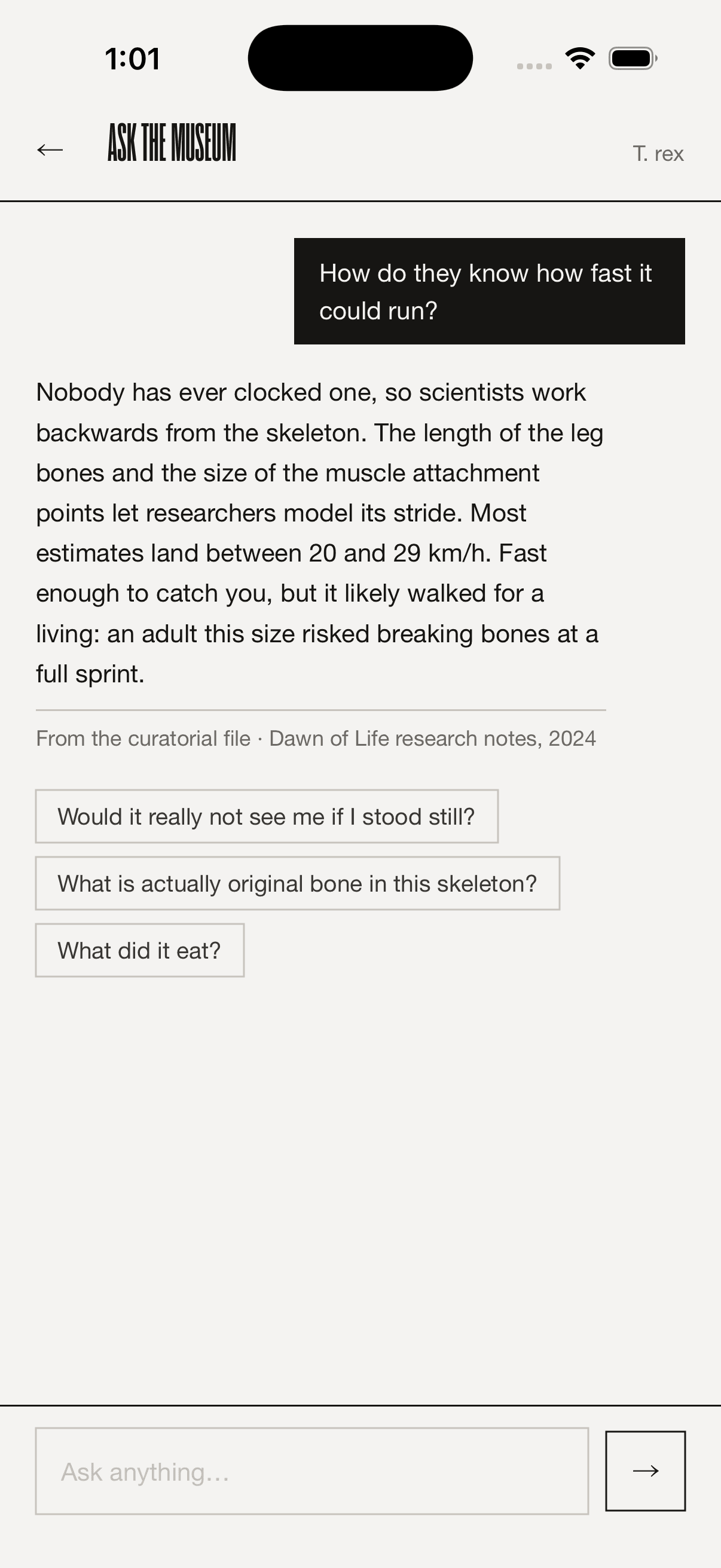 An answered question about T. rex running speed, with a citation line reading From the curatorial file
