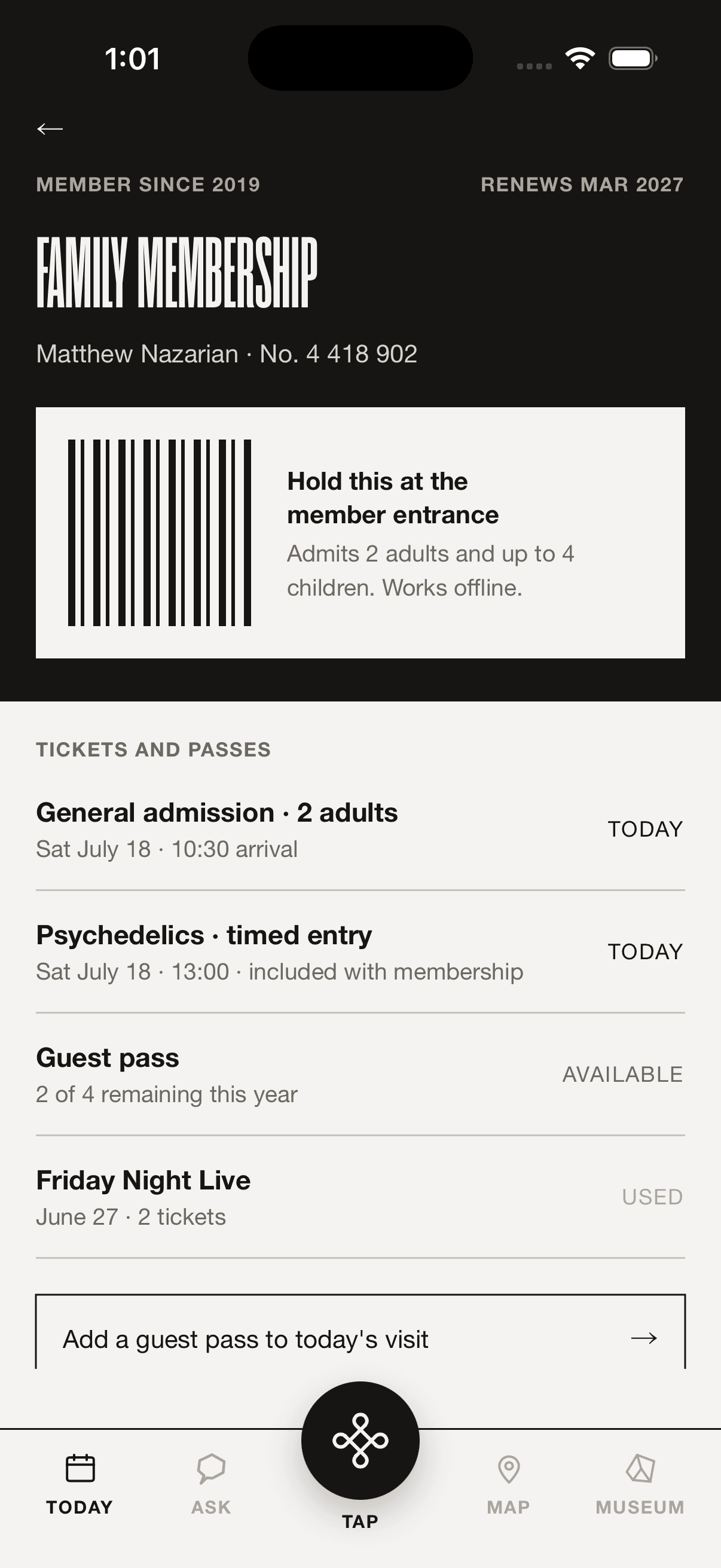 The membership wallet: a barcode panel and a list of tickets and passes with status labels