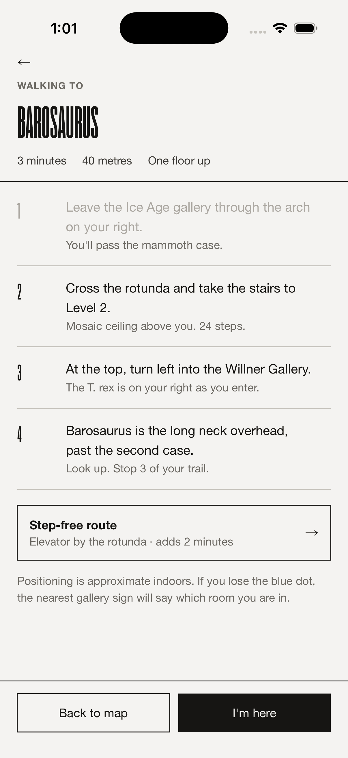 Wayfinding directions to the Barosaurus, written in plain language, with a step-free route option